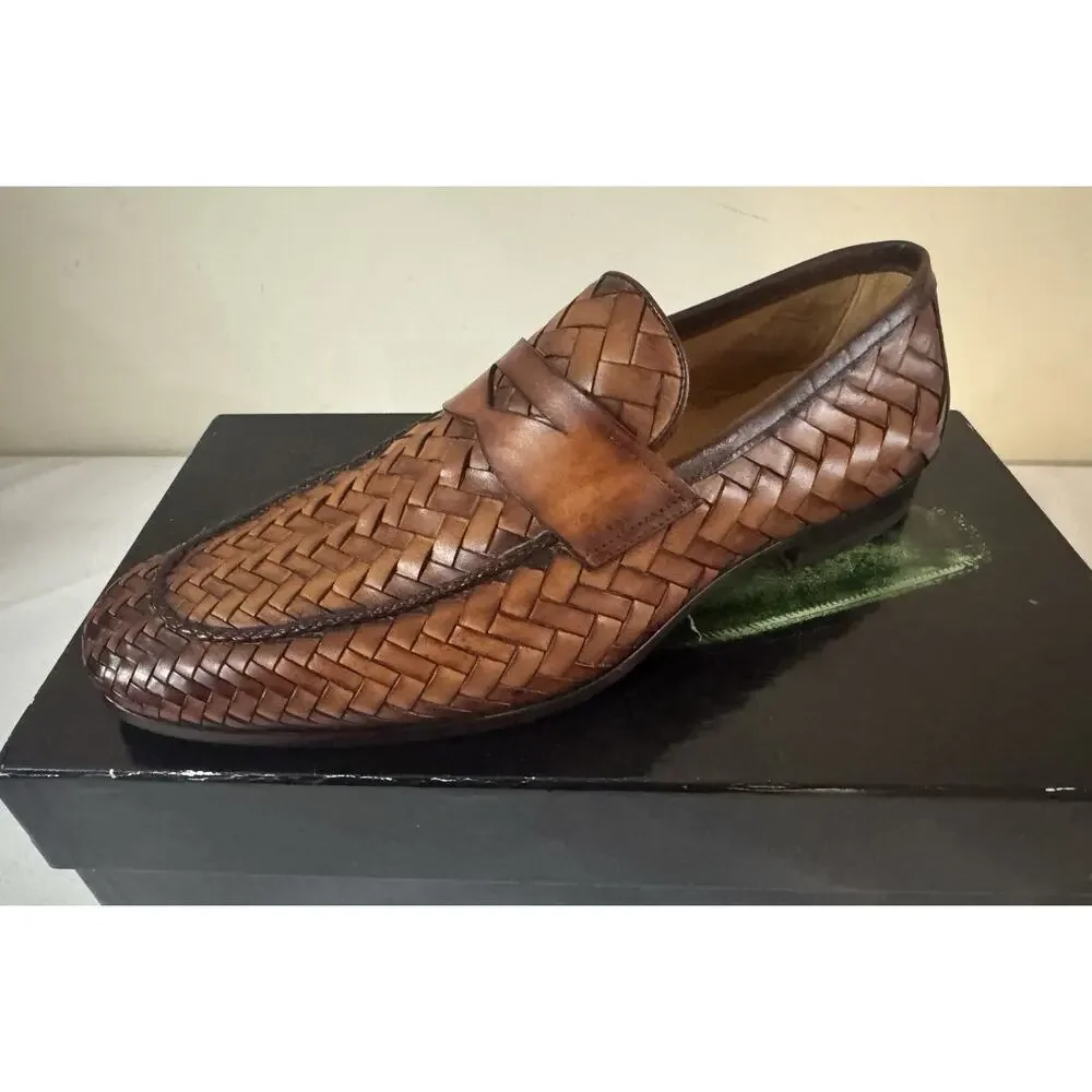 NIB Magnanni ‘Herman’ Cognac Brown Woven Leather Loafers 43.5EU/10.5US $595.00